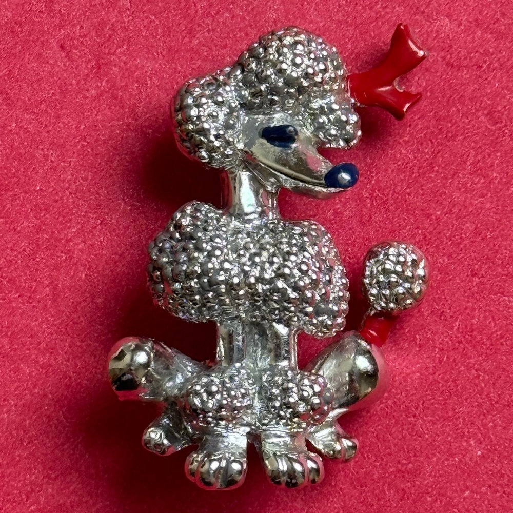VINTAGE Brooch Dog French Poodle Red Bow Small Pin Silver